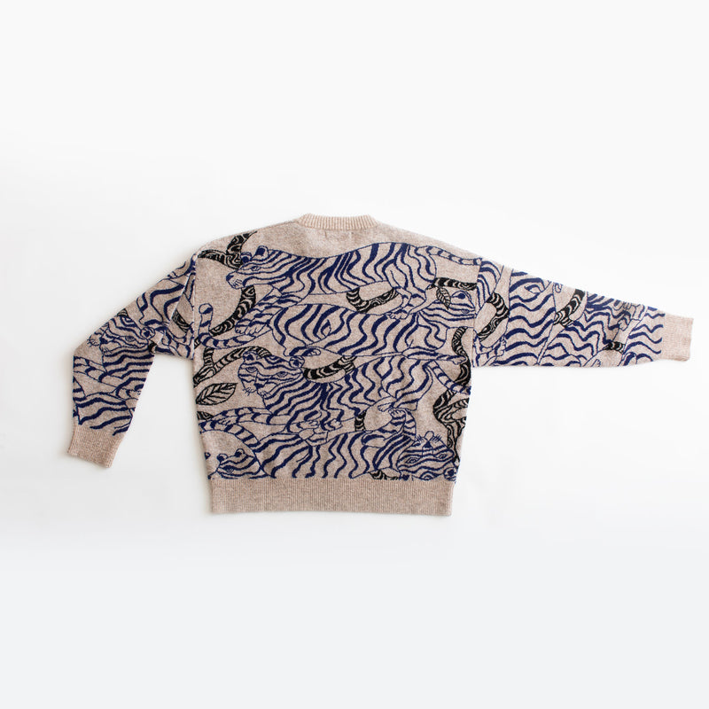 Olivia Wendel Playful Tiger Sweater - Blue/Oatmeal